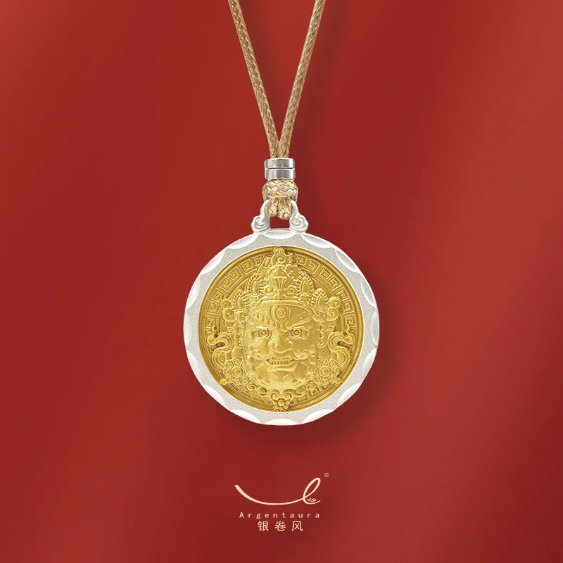 999.9 Color Electroplated Yellow God of Wealth Rotatable Back Silver Pendant Necklace