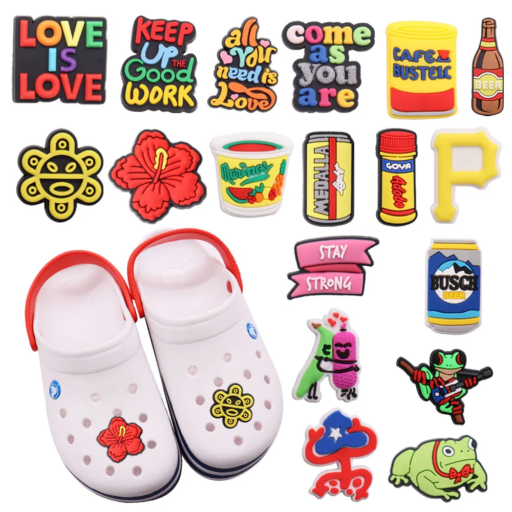 1Pcs PVC Keep Up Good Work Frog Beer Slippers Shoe Buckle Charms for Kids Stay Strong Accessories DIY Holiday Gifts