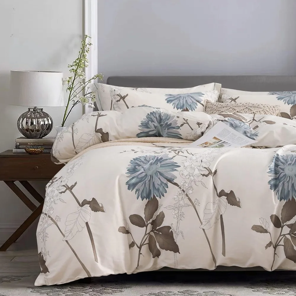 

Comforter, 600 Thread Count Cotton Brown Branches and Blue Flowers -White Comforter Sets, Down Alternative Bedding Set 3Pcs