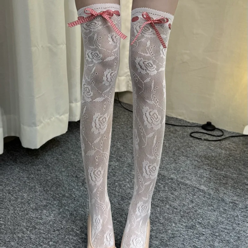 2025 Women Flower Lace Fishnet Thigh Bowknot High Stockings Japanese Style JK Girl Sweet Lace Trim Frilly Over Knee Long Socks