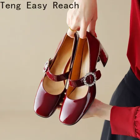 

2024 New Women's Pumps Natural Leather Cow Patent Leather Upper Square Toe Mary Jane Shoes Full Leather Shoes