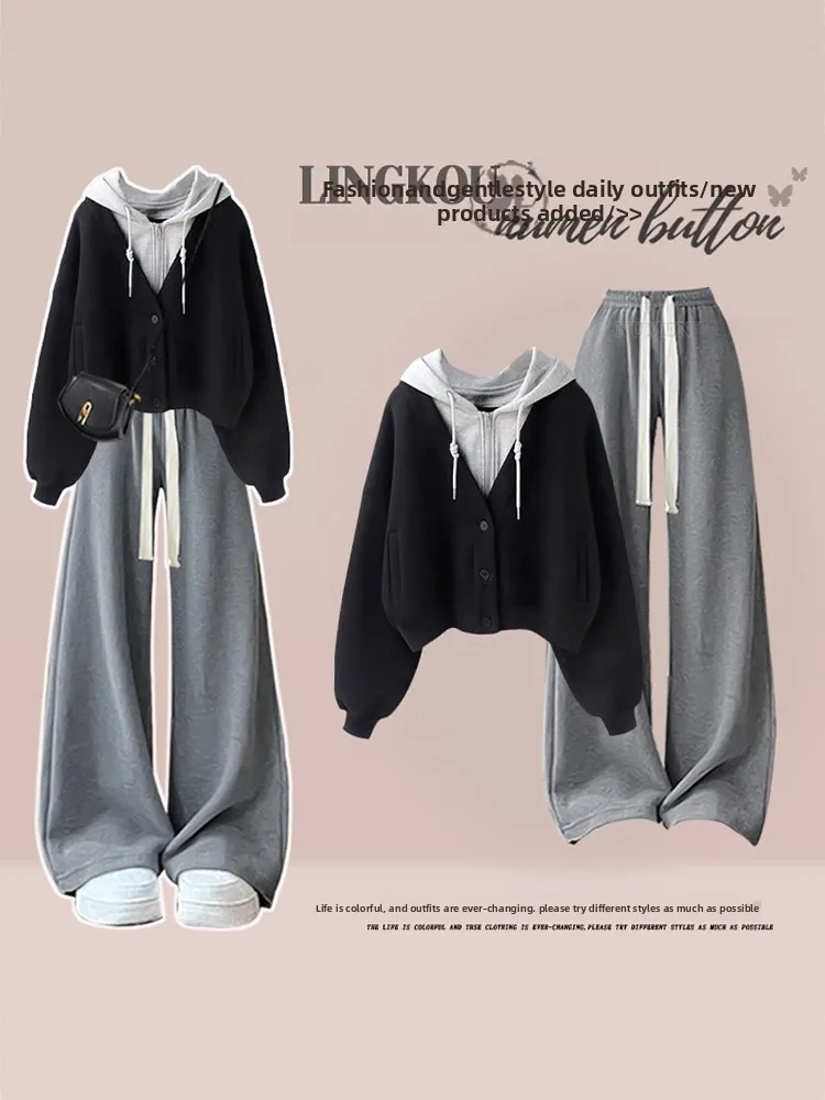 

Модный повседневный комплект больших размеров для женщин: корейское худи и широкие спортивные брюки с эффектом похудения, весна-осень