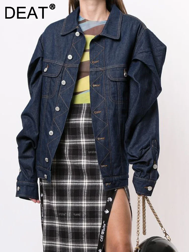 

DEAT Fashion Women Denim Coat Lapel Folds Puff Sleeves Single Breasted Loose Thick Pockets Jackets Summer 2024 New Tide 7I0785