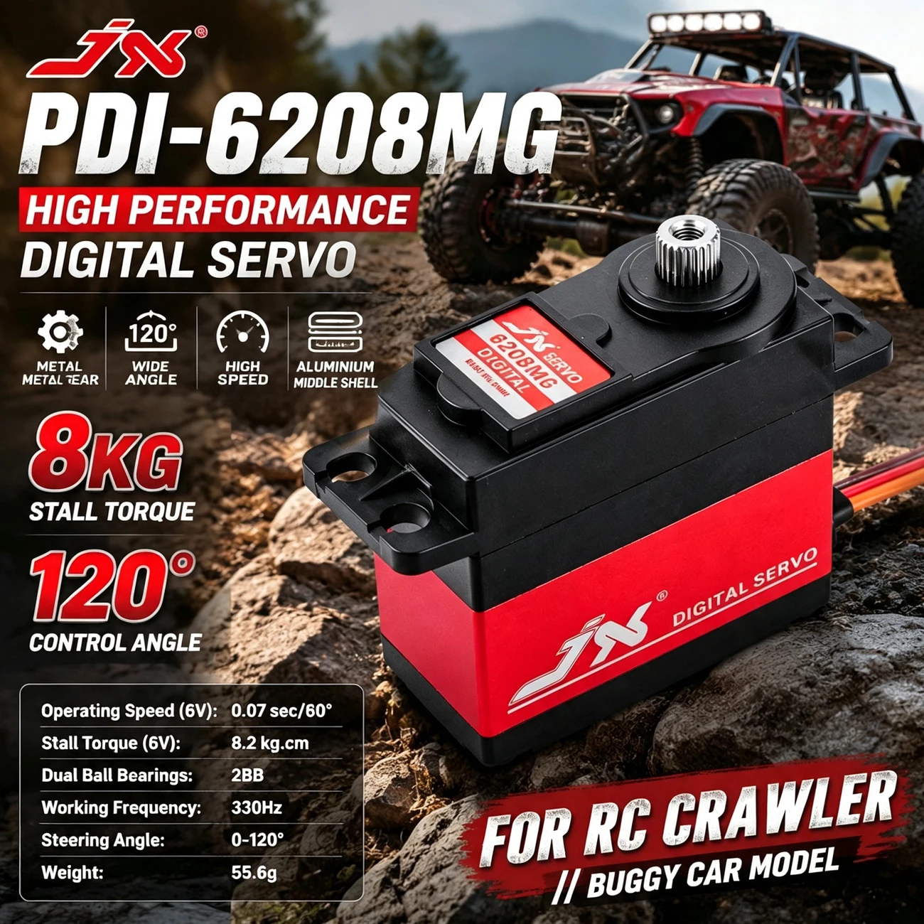 Servomoteur JX PDI-6208MG 8kg 120 °   Moteur servo numérique sans noyau à engrenages métalliques haute vitesse pour modèle de voiture RC Crawler Buggy 1/10