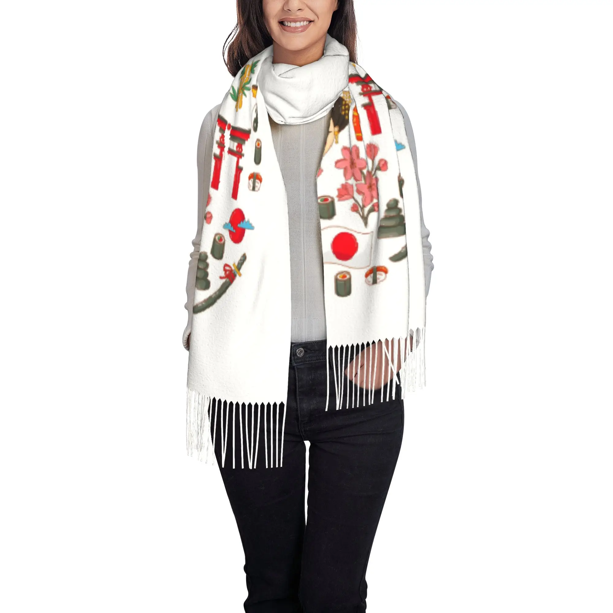Custom Ladies Long  Japanese Geisha Koi Oriental P Scarves Women Winter Fall Thick Warm Tassel Shawl Wraps  Scarf