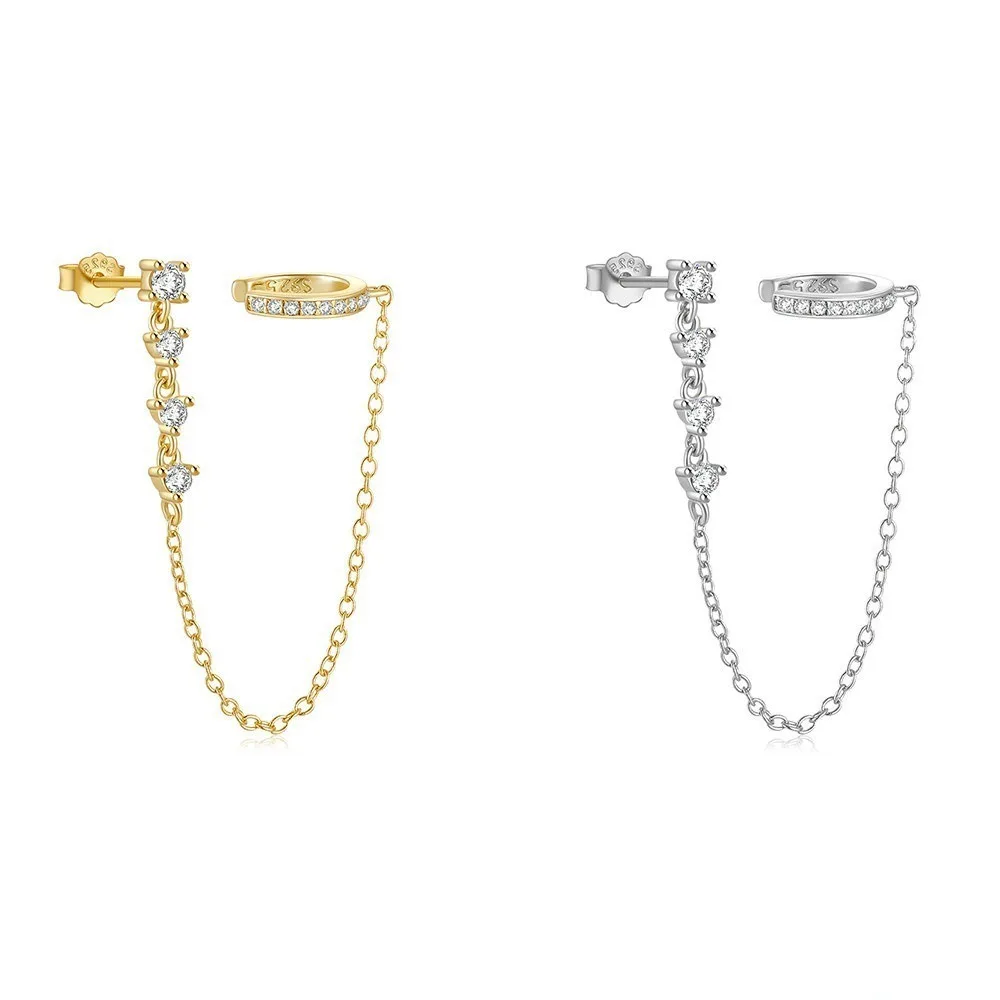 New Minimalist Gold Tone Dual-Row Zircon Drop Chain Connected Ear Cuff & Stud Earrings Double-Point Lock Design Earrings Jewelry