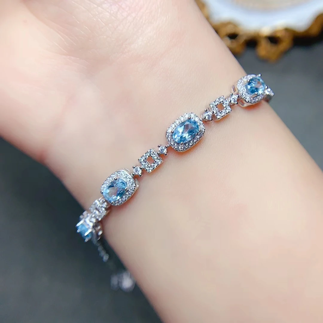 

Light Blue Topaz Bracelet for Office Women 4mm*6mm Total 2.5ct Natural Topaz Jewelry Gold Plated 925 Silver Gemstone Bracelet