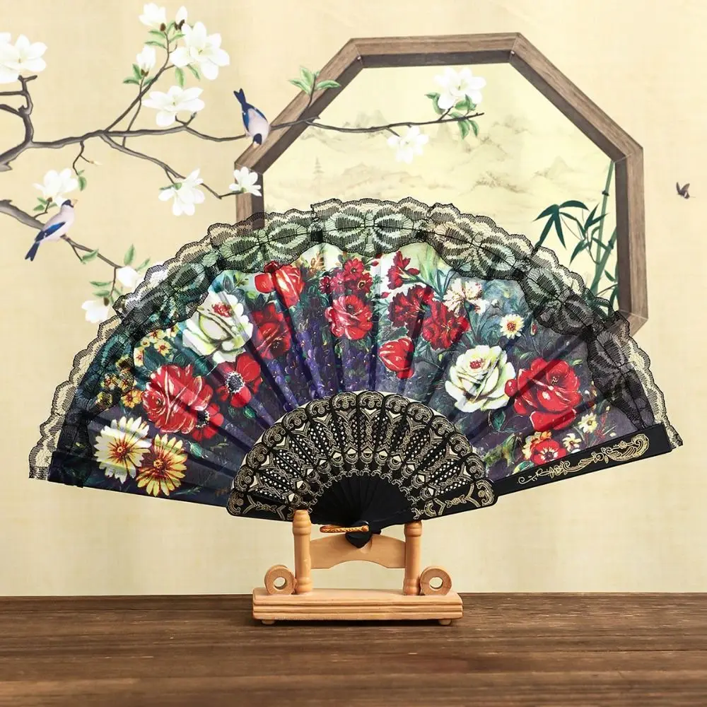 Elegant Plastic Ribs Spanish Folding Fan Lace Trim Edge Black Floral Fabric Fan Floral Printed Cloth Handheld Fan Gift