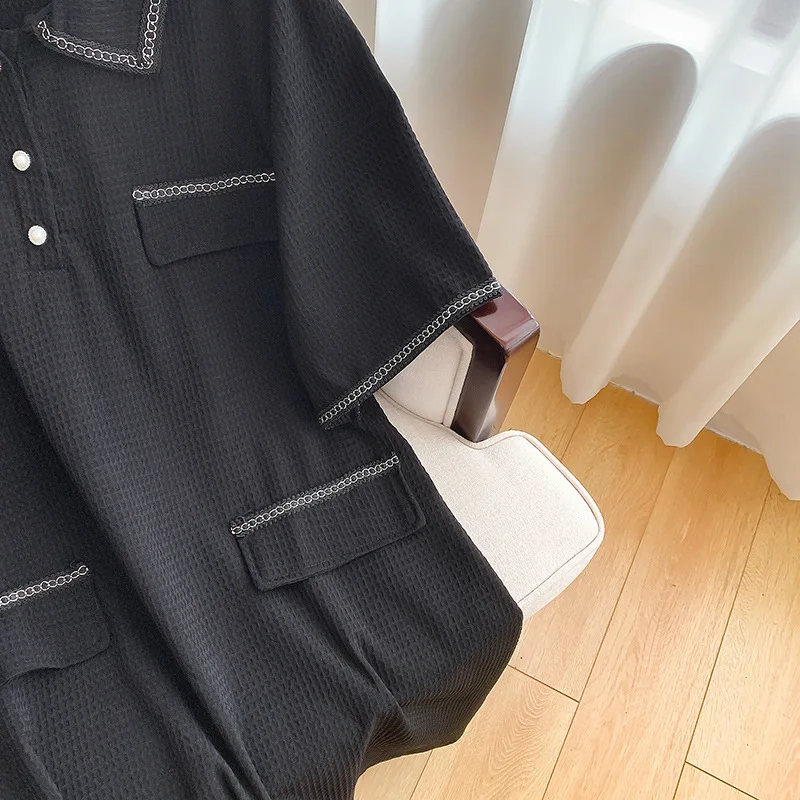 160Kg Plus Size Women\'s Bust 160 Summer Loose Small Fragrant Short Sleeve Lapel Dress Black 6XL 7XL 8XL 9XL 10XL