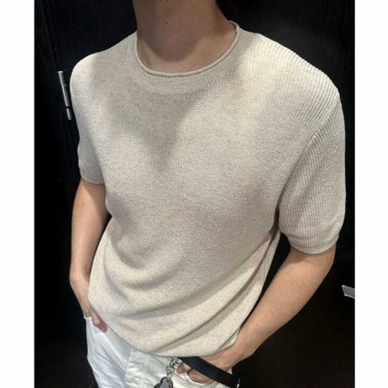 

Свободная трикотажная футболка в британском стиле для мужчин, летняя дышащая и удобная повседневная футболка с круглым вырезом, уличная одежда, мужская одежда