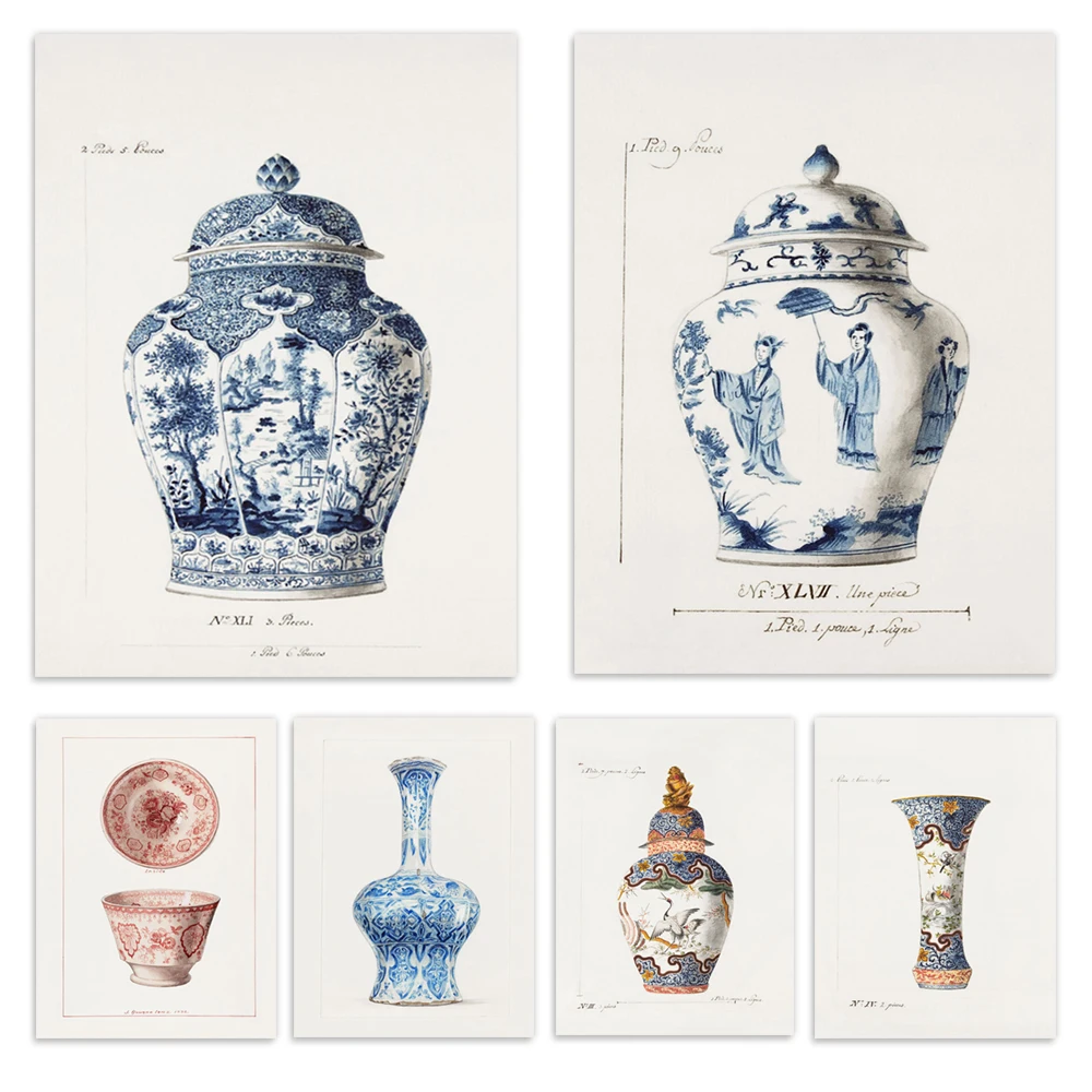 Korean-style watercolor porcelain vase, blue hydrangea flowers, antique porcelain Asian-style Chinese ginger jar art poster.