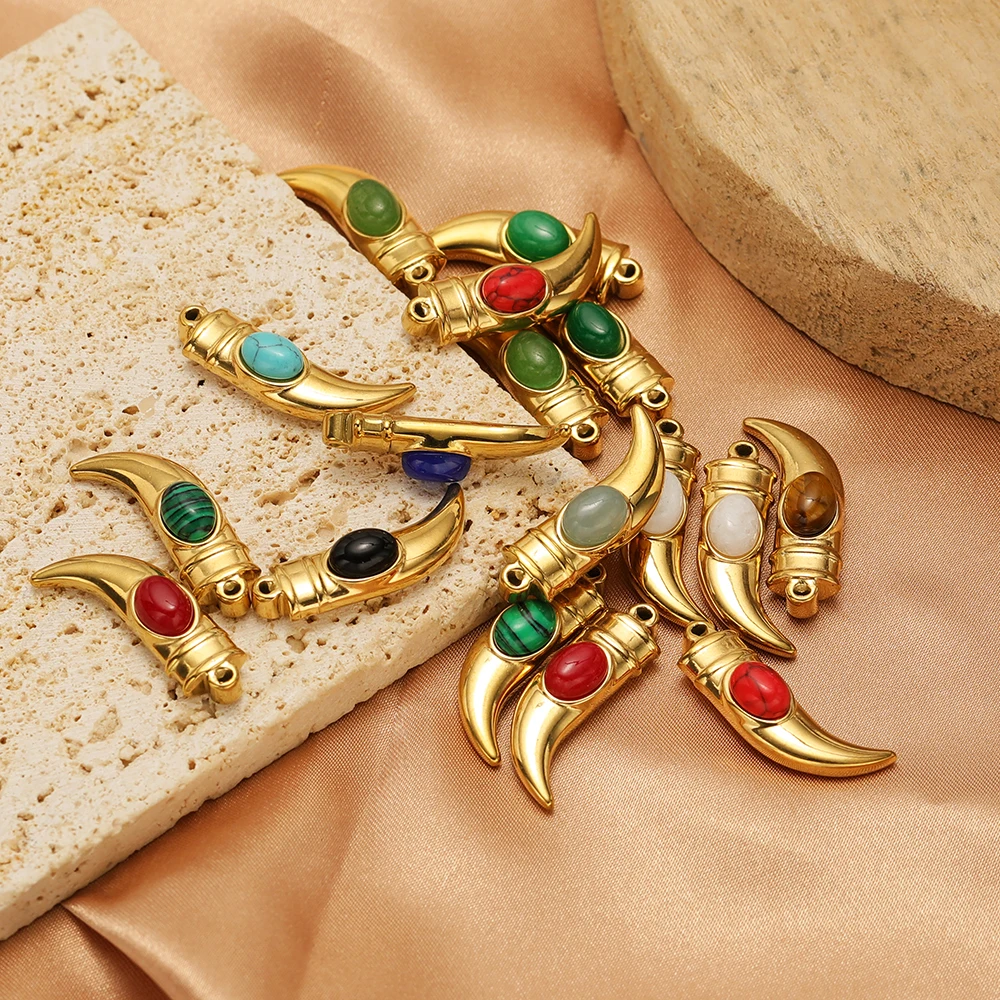 5 Stück Gold Edelstahl Naturstein Pfeffer-Ochsenhorn-Anhänger für DIY Damen Halsketten, Schmuck, Armbänder, Ohrringe – Detail 4