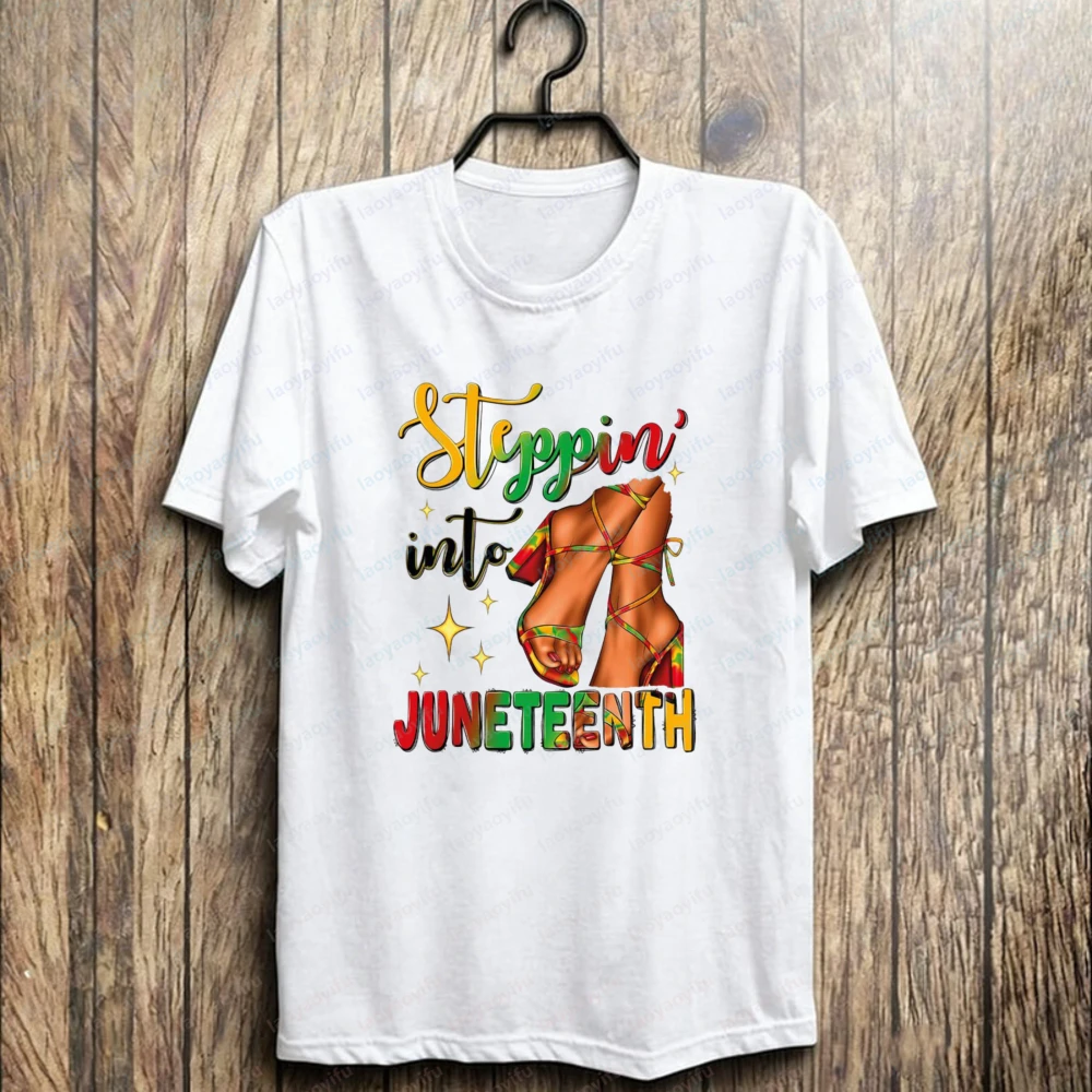 Stylish Juneteenth Cotton Tee Bold Heels Steppin' Into Juneteenth Graphic T-Shirt Hot Sale Black History Tops Clothes for Women