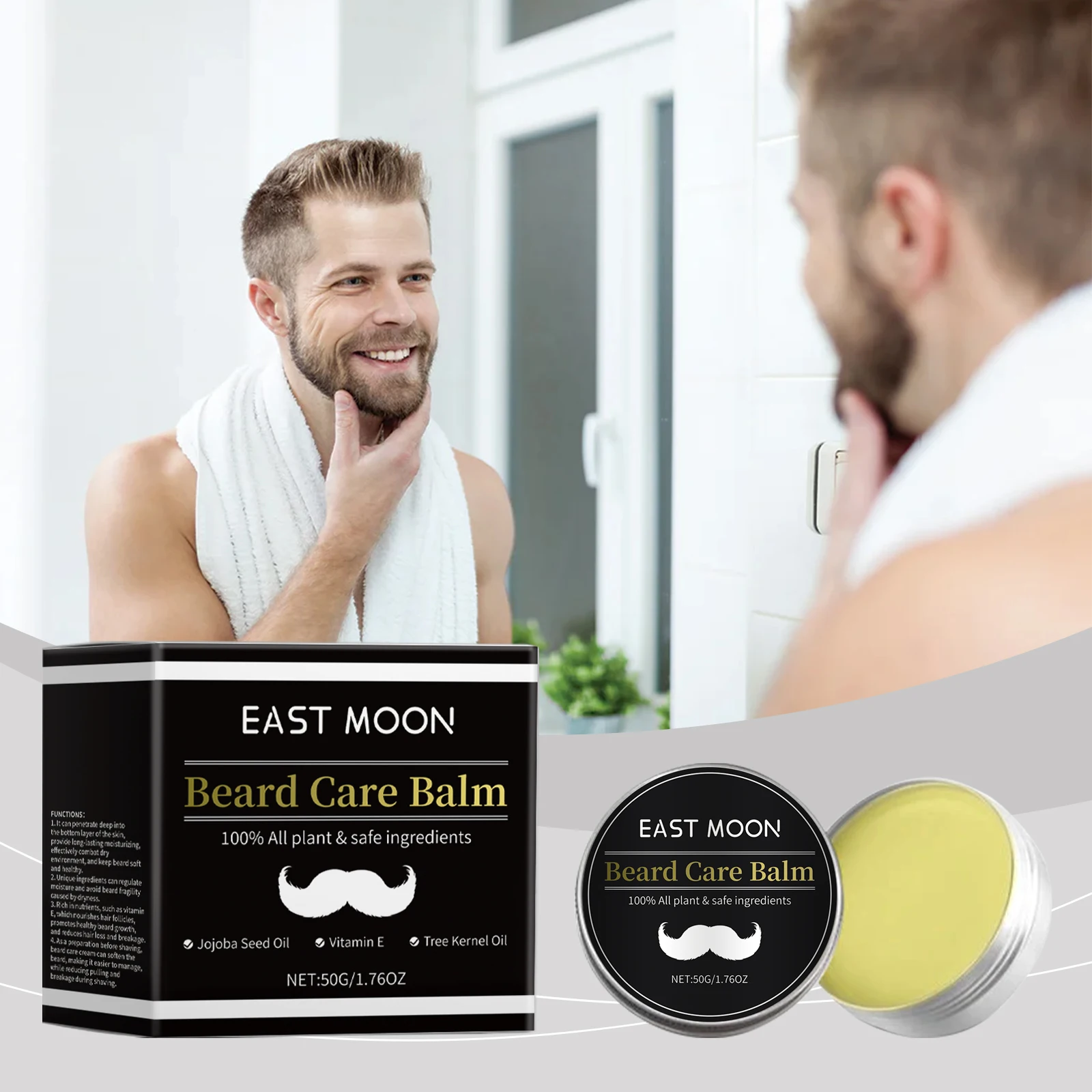 East Moon Men's Beard Care Cream Strengthens Beards Nourishes Makes Them Thick Shiny Pitch-black Moist and Provides Care