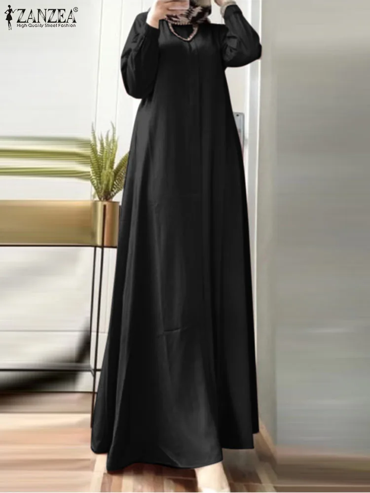 ZANZEA Muslim Dress Elegant Long Sleeve Sundress Autumn Turkish Dresses Abayas For Women Ramadan Islamic Clothing Maxi Vestidos