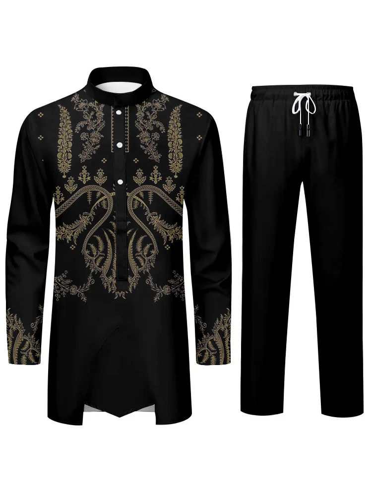 Elegant Stylish Mens Suit Fashion 3D Printing Printing African Cultural Dress Blouson Collar Long Sleeve Shirt and Trousers