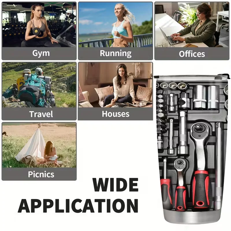 20oz ميكانيكي الأدوات مكنسة من الفولاذ المقاوم للصدأ قارورة مزدوجة الجدار معزول بهلوان مع القش وغطاء إبقاء الباردة الساخنة كوب طباعة هدية