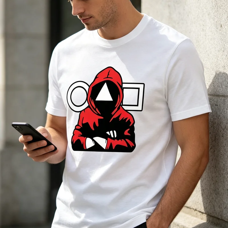 Red Hoodie Geometric Mask T-Shirt Streetwear Graphic Tee Casual Urban Fashion for Men Women Harajuku Y2k Top 100%Cotton Unisex