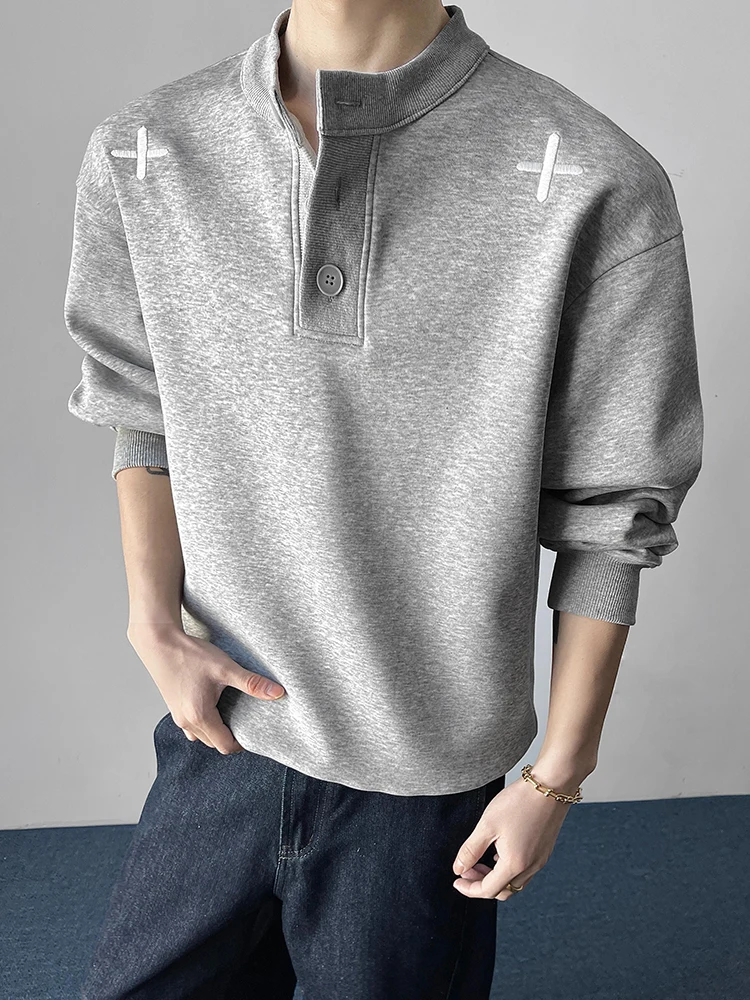 

American Style Embroidered Henry Collar Long Sleeve Men's Sweatshirt Winter Heavyweight Trendy High-End Feeling Handsome Base...