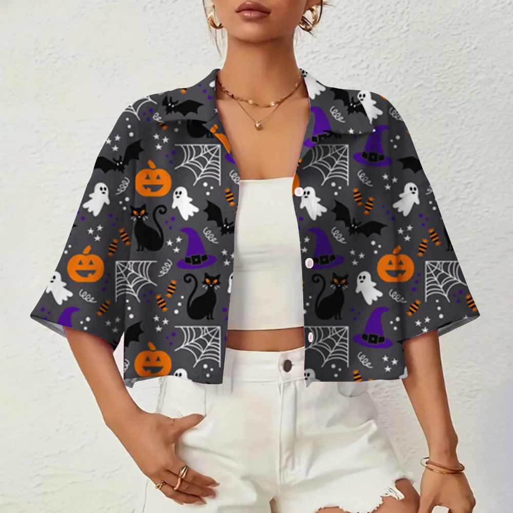 Halloween Elements Printed Women\'s Shirts Bat Pumpkin Pattern Elegant Fashion Short-sleeved Button Down Shirts 2024 Summer