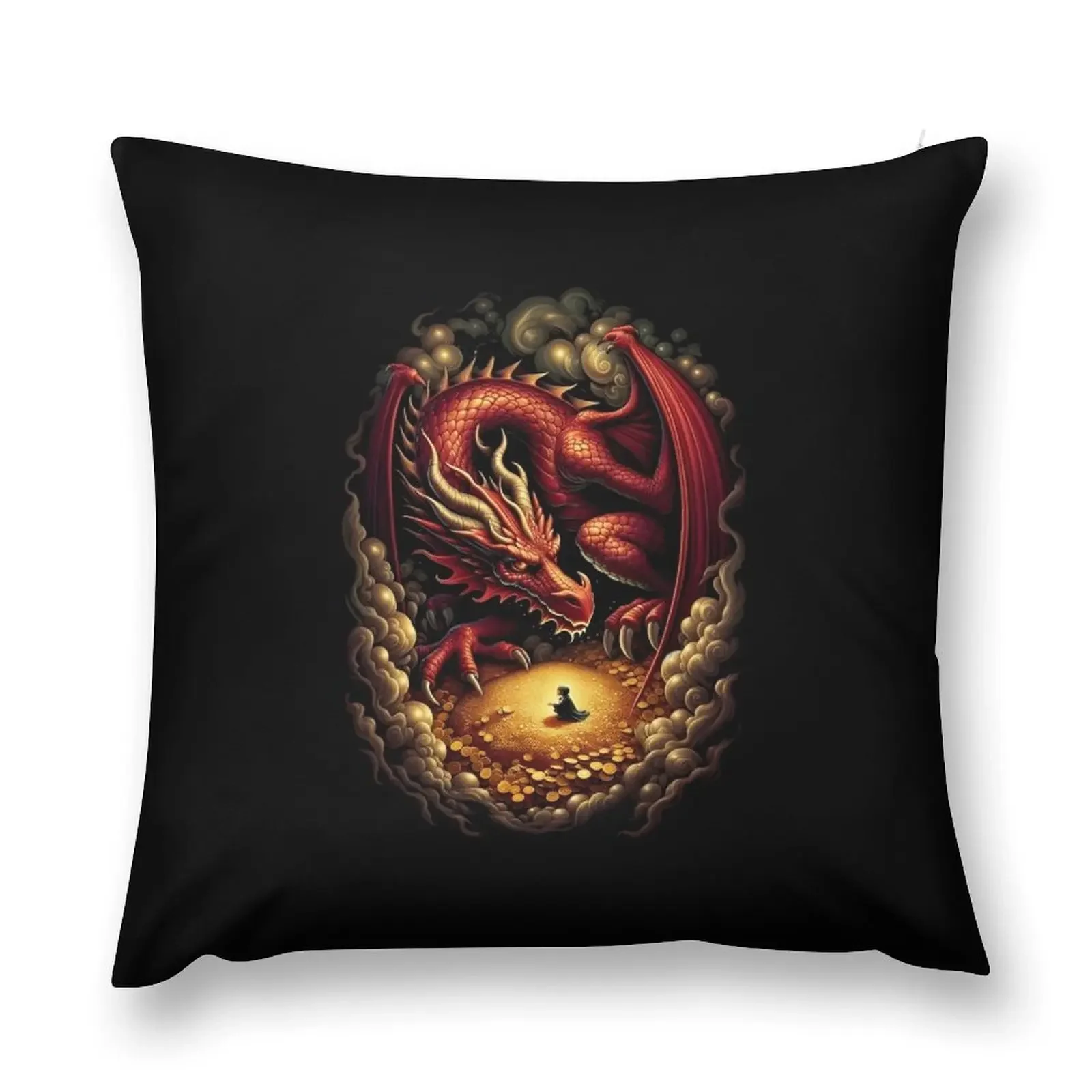 

Red Dragon and the Curious Adventurer - Fantasy Throw Pillow Throw Pillow Couch Cushions pillow