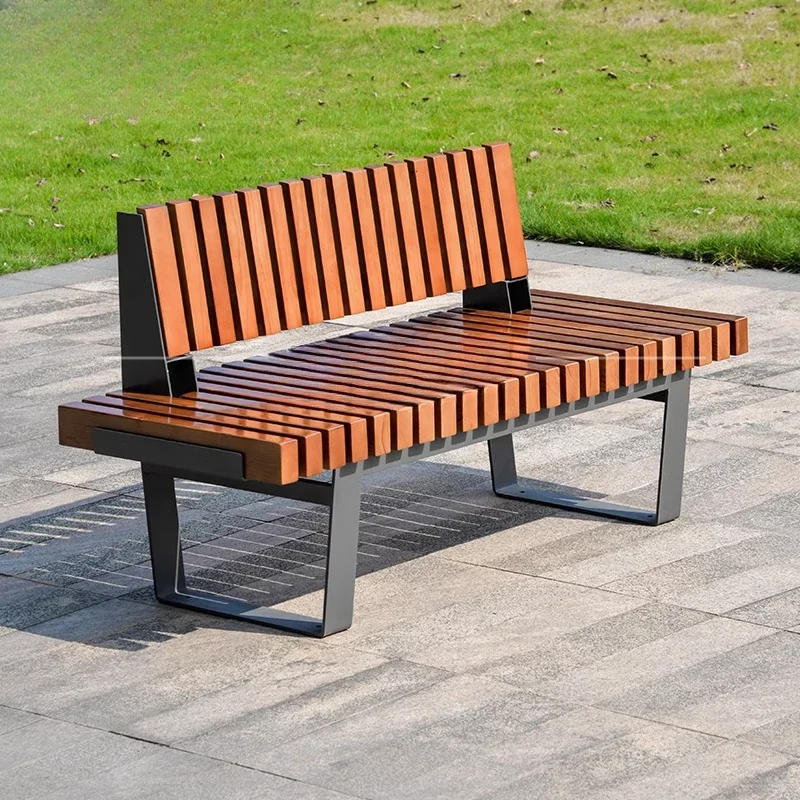 

Outdoor park chair landscape stainless steel seat wrought iron one-piece solid wood bench square leisure seat
