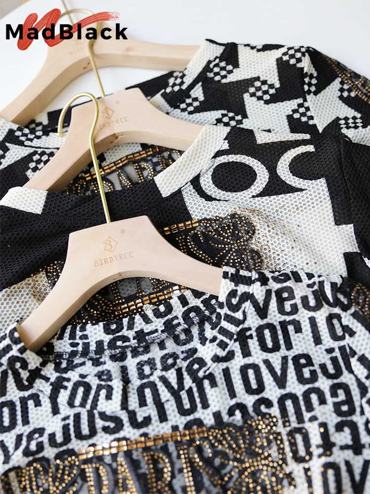 MadBlack Summer T-Shirt Chic Sexy O-Neck Print Letter Patchwork Shiny Diamonds Women Tops Short Sleeve Hand Make Tees T25004L