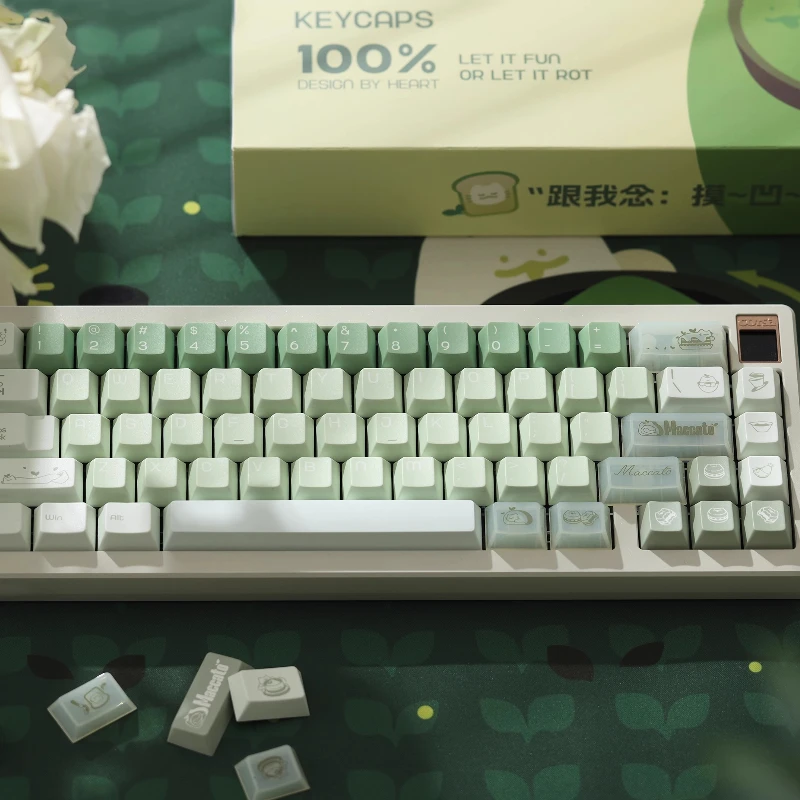 

Набор колпачков для клавиш Matcha Cat Green Theme Cherry Profile PBT + PC, пятисторонние колпачки для горячей сублимации, изготовленные на заказ колпачки для механической клавиатуры, подарок