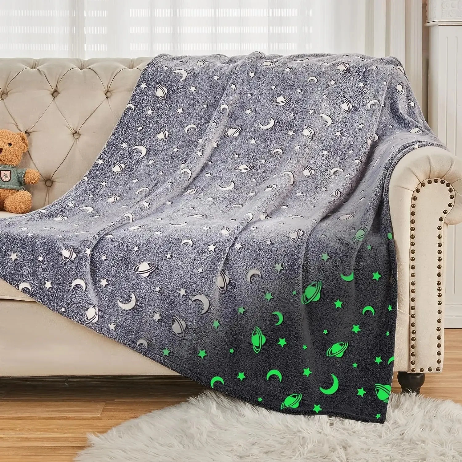 Luminous Flannel Blanket Star and Moon Print on Demand Glow in the Dark Blanket