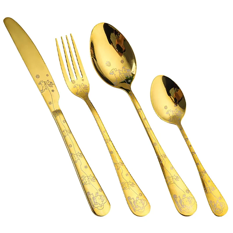 4 قطعة أدوات المائدة الفولاذ المقاوم للصدأ أواني الطعام مجموعة عيد الميلاد مجموعة أدوات المائدة سكين شوكة ملعقة قهوة مرآة طقم ملاعق هدايا عيد الميلاد #5