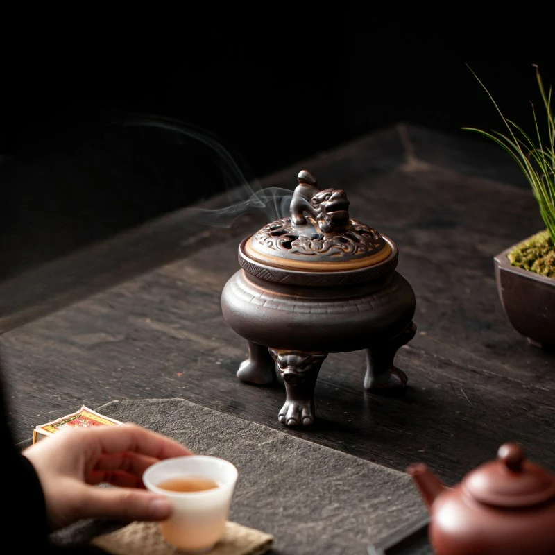 Retro Three Leg Incense Burner ChineseAntiqueStyle Ceramic Coil Holder for Sandalwood Agarwood Mugwort Tea Ceremony Aromatherapy
