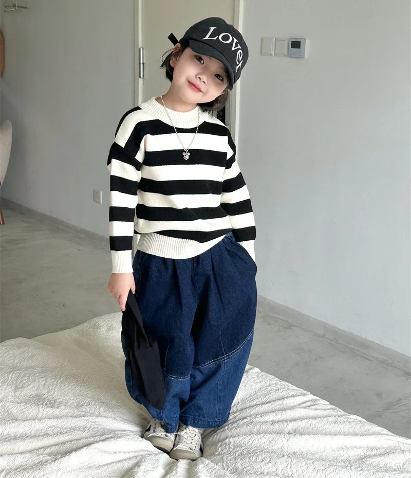 Girl Sweater Autumn 2024 New Stripe Round Neck Long Sleeves Casual Simple Fashion Sweet Korean Active Vintage Cute Soft Comfort