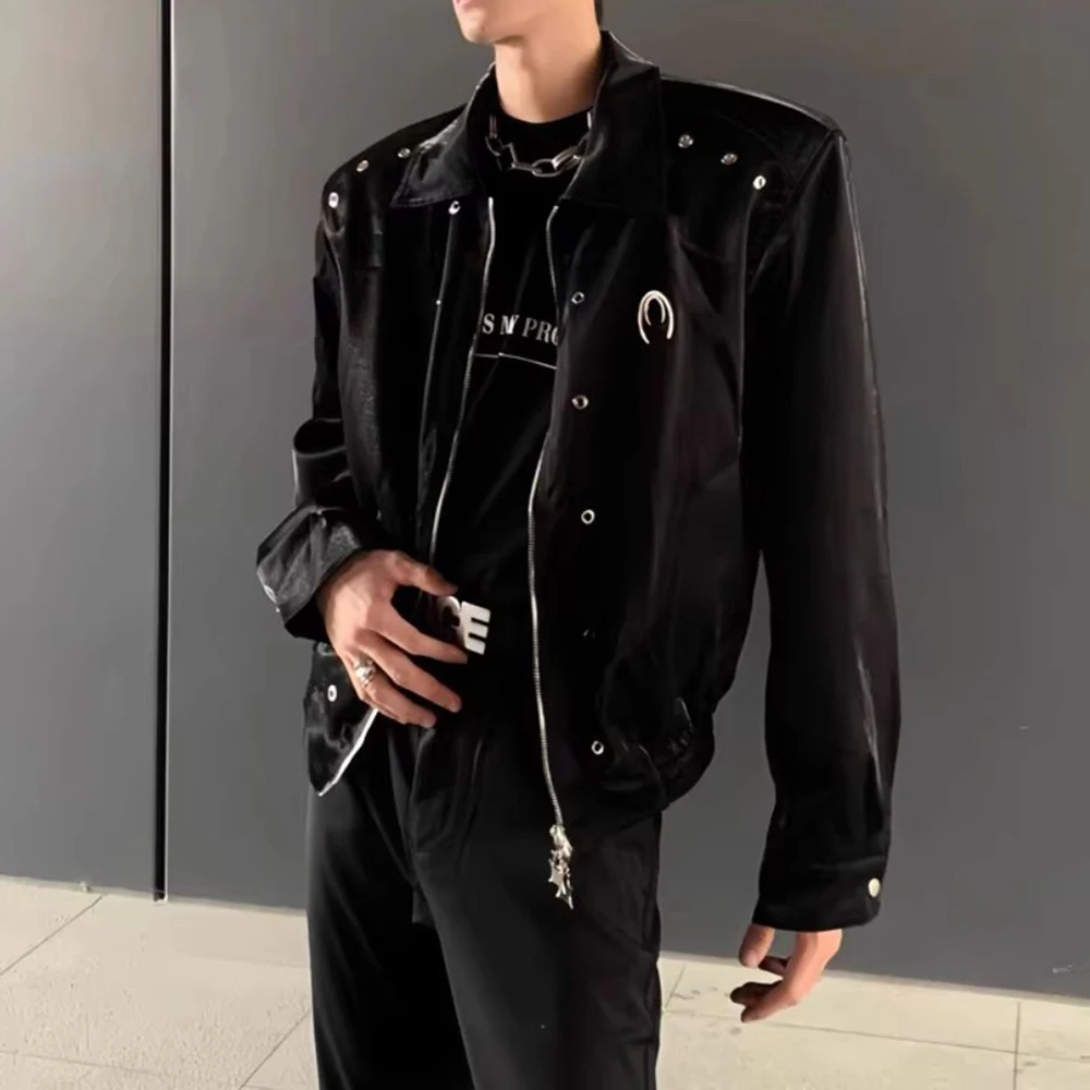Metal High-End Design Niche Pad Shoulder Lapel Jacket Mens Autumn Winter New Fashion Trend Loose High Street Short Jacket Men