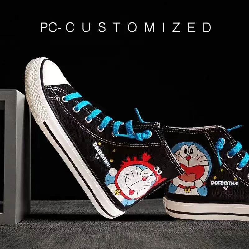 Hand drawn cartoon machine cat high top canvas shoes, Doraemon co branded graffiti student shoes for men and women