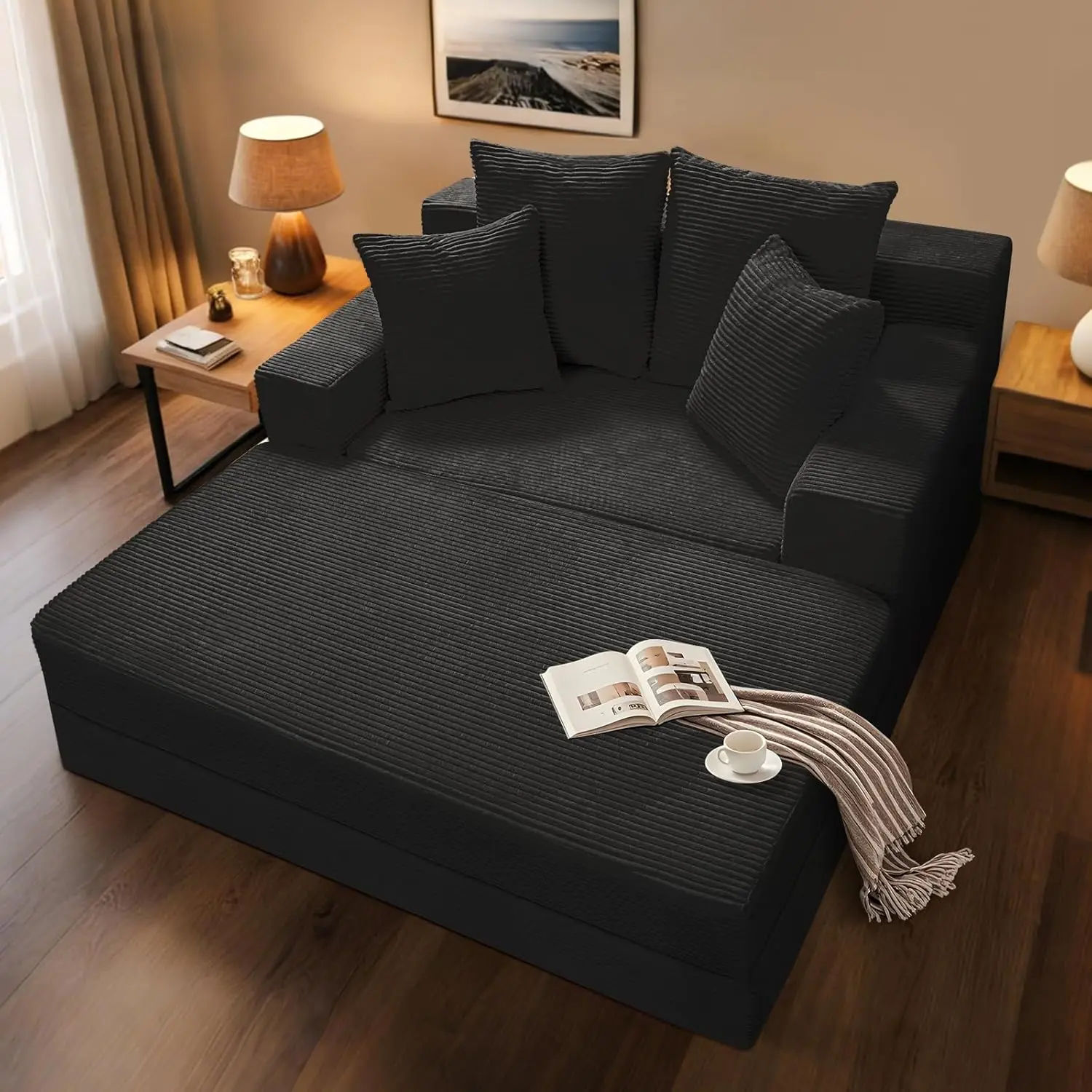 86-Zoll Übergroße Chaiselongue, Cord 4-in-1 Chaiselongue-Sessel für Innenbereiche mit umwandelbarem Ottoman, Knochenlose Couch, Maßgefertigt