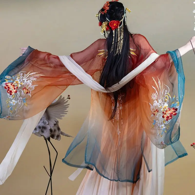 중국 한푸 원피스 여성 카니발 요정 코스프레 코스튬 당나라 자수 그라데이션 오렌지 한푸 파티 복장