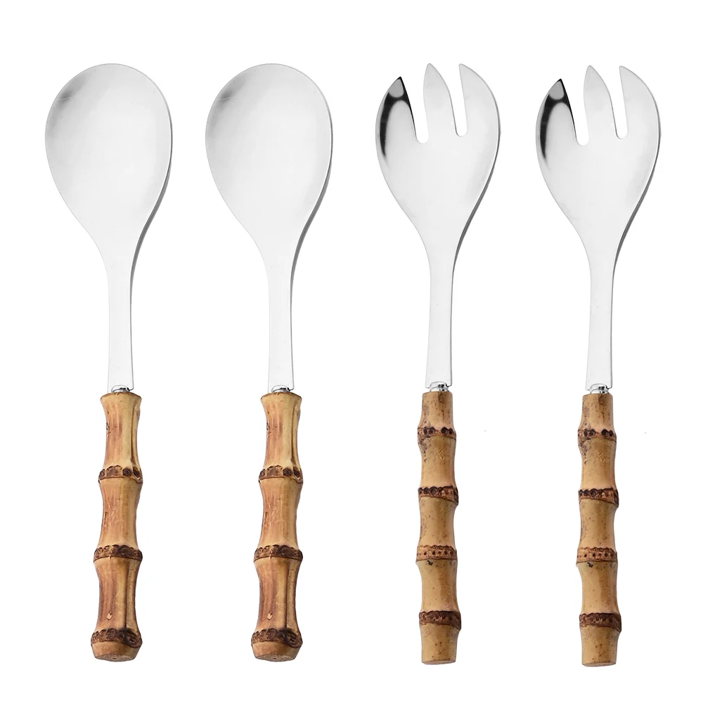 2/4Pcs Long Handle Serving Spork Bamboo Wooden Handle Salad Spoon Fork Stainless Steel Tableware Kitchen Cutlery Set