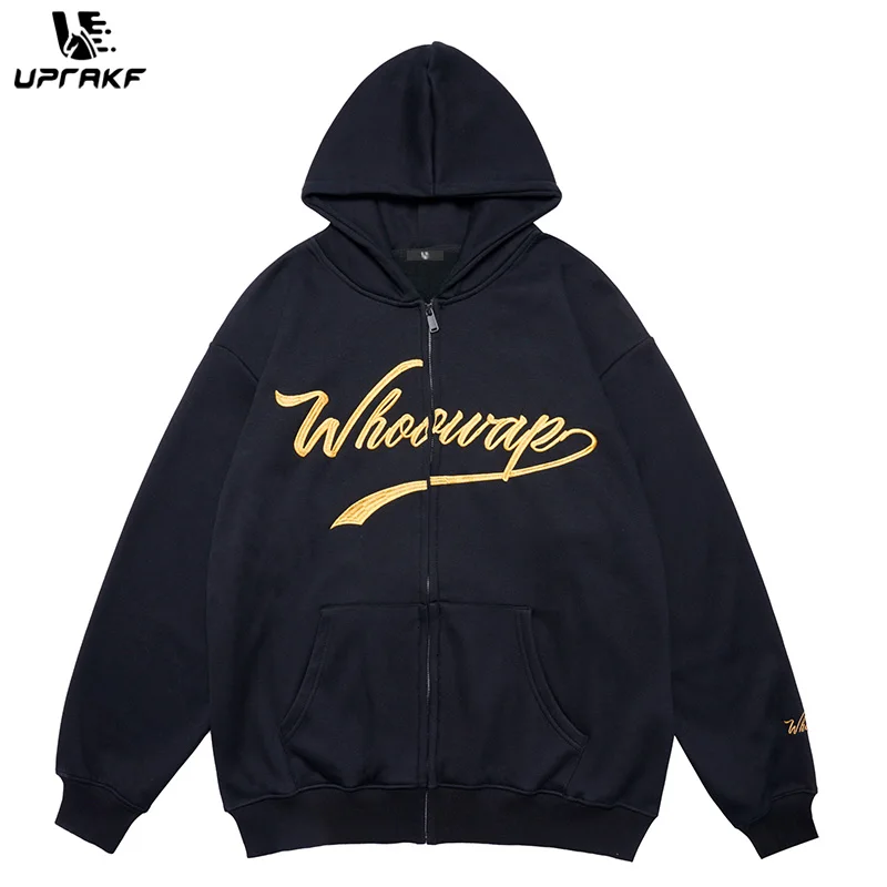 

UPRAKF Zipper Hoodie High Quality Men Letter Print Oversize Streetwear Long Sleeve Front Pocket Casual Loose Fashion