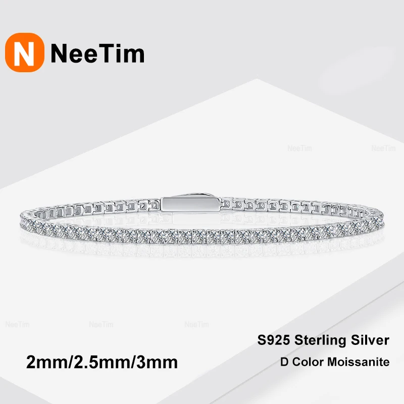 NeeTim 2mm 2.5mm 3mm 4mm Moissanite Tennis Bracelet 925 Sterling Silver with White Gold Plated Bracelets for Women Man Wholesale