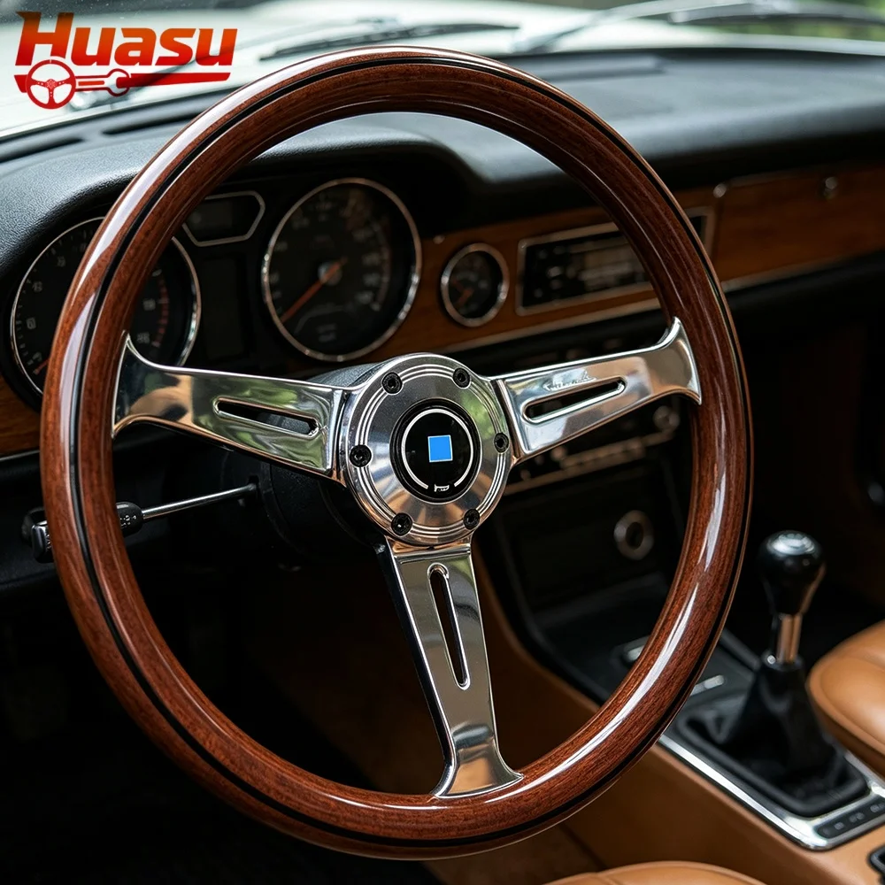 Huasu Polish Spoke Classic Wood Grain Look Racing Steering Wheel 14inch 350mm Concave ABS Grip