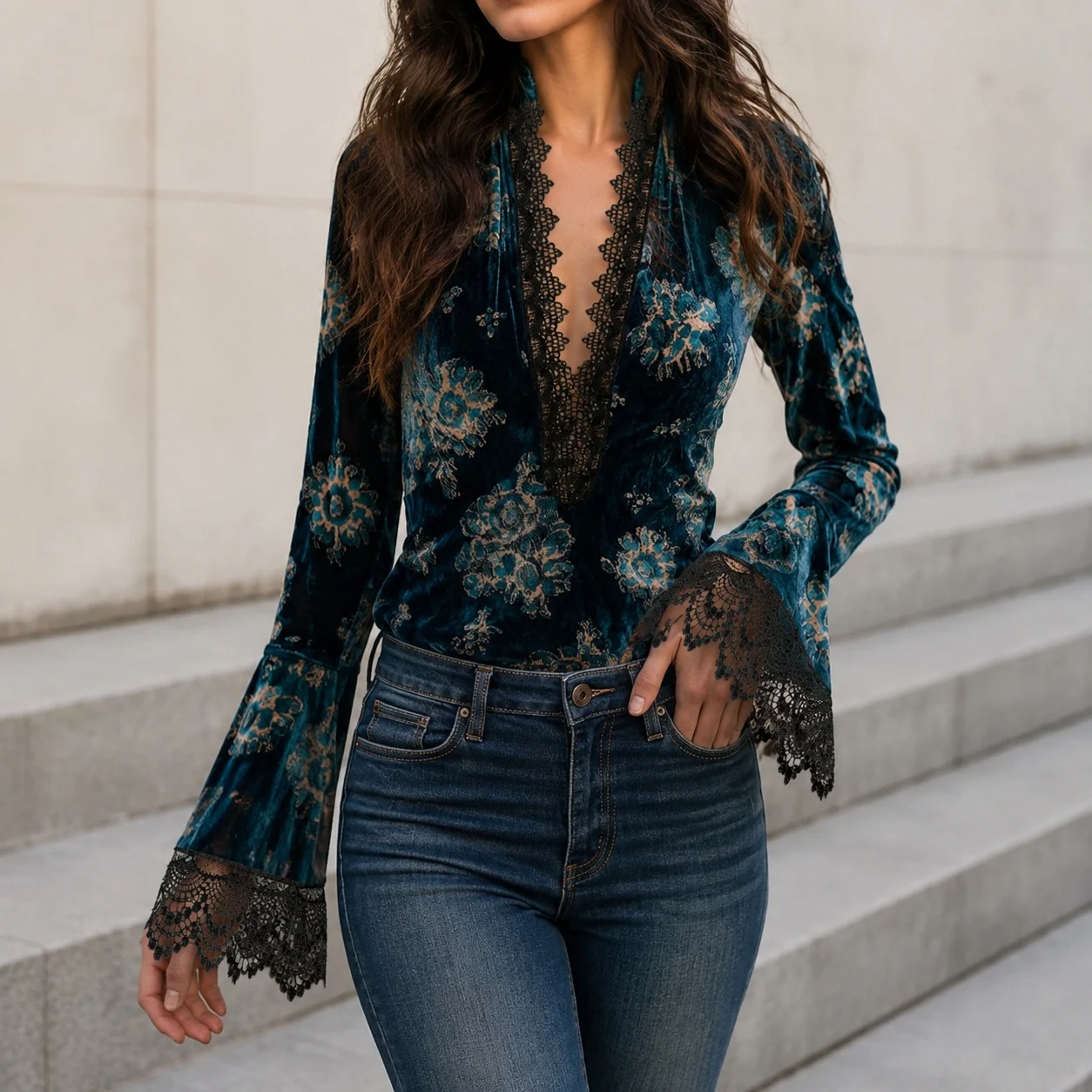 Patchwork V Neck Top Regular Length Commuter Chic with Long Sleeve Bell Sleeve Elegant Autumn Slim Fit T Shirts for Women