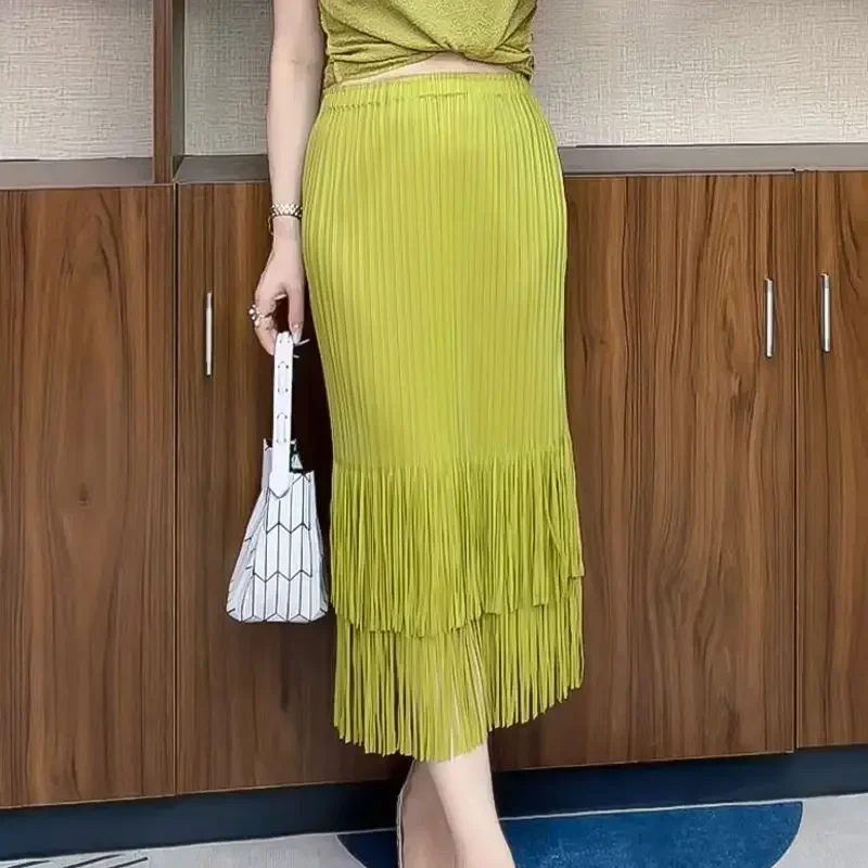 

Высококачественная плиссированная юбка для женщин с тонкой талией и складками с кисточками, однотонная, короткая юбка, длинные юбки LOOSE FIT