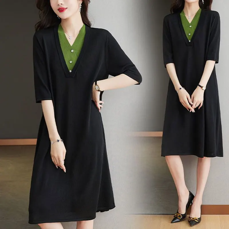 Casual Solid Color Patchwork Midi Dress Summer Half Sleeve Female Clothing Elegant V-Neck Button All-match Loose A-Line Dresses