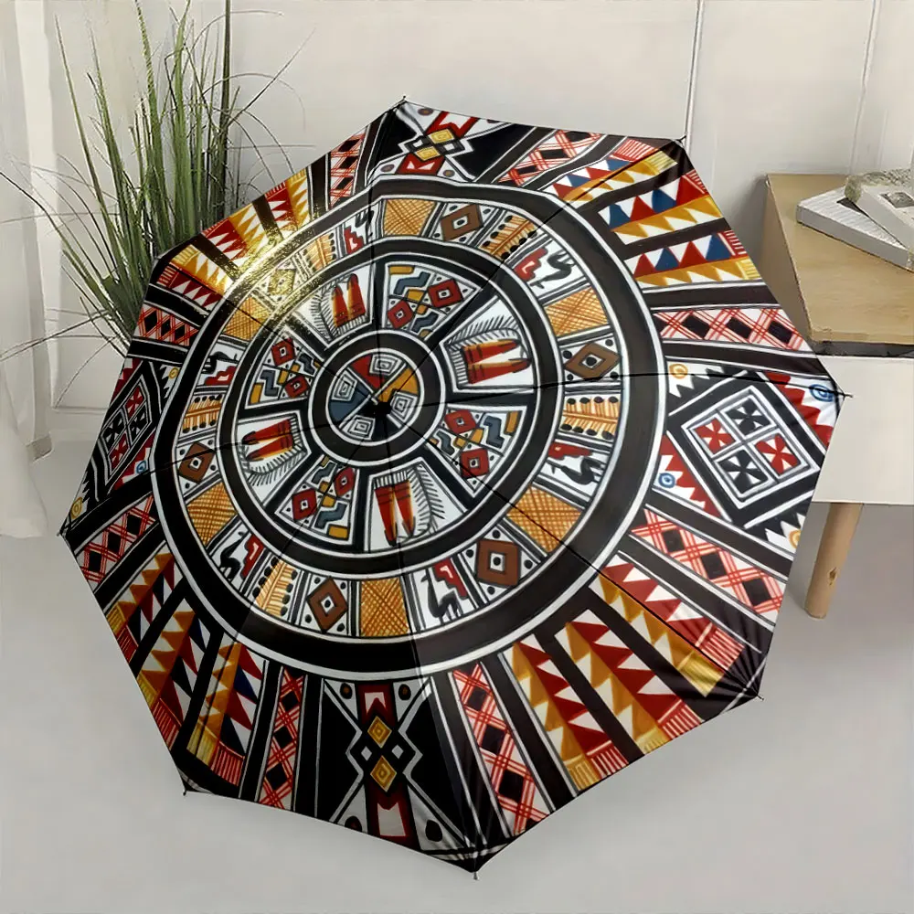 1PC Vibrant Tribal Patterns: An Artistic Umbrella Design Print 8 Iron Ribs Folding Umbrella Auto-Open Fashion Sunshade