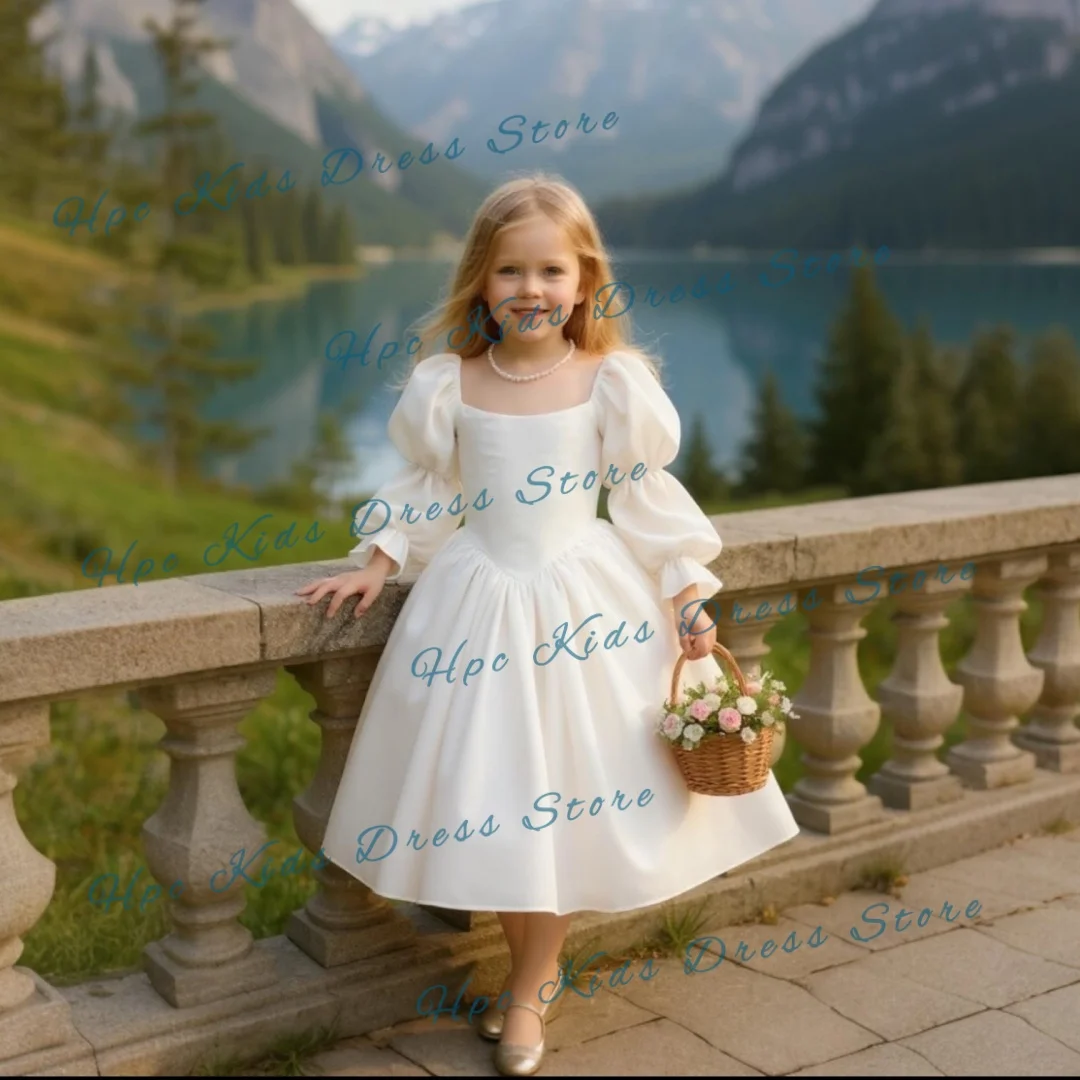 Custom White Flower Girl Dress for First Communion, Long Sleeve Satin Princess Gown with Puff Sleeves, Customizable Kids Wedding