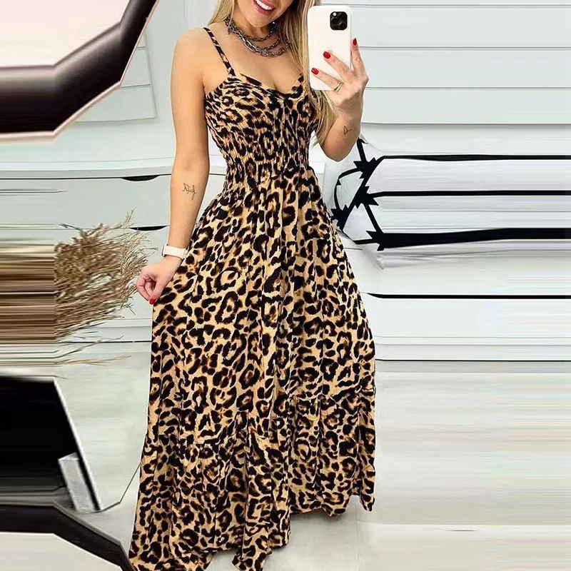 

Backless Leopard Print Long Dress Women's Summer High-waisted Sling Low-cut V Neck Pleated Fashion Vacation Dresses