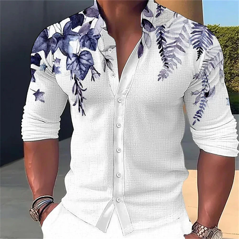 2024 Men\'s Long sleeved Standing Neck Button Shirt Green Leaf Printed Shirt Casual Soft and Comfortable Men\'s Top Plus Size