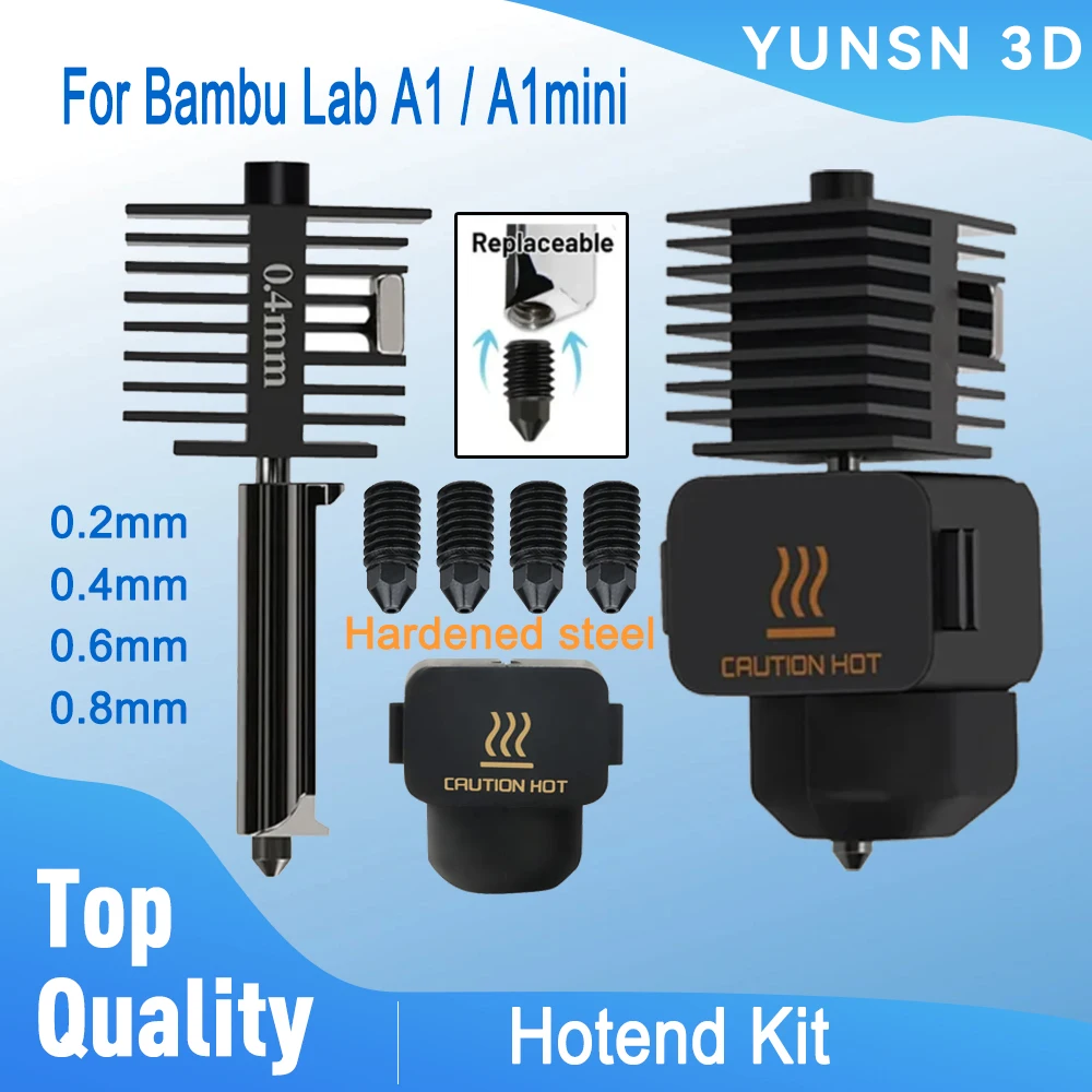 Boquilla de acero endurecido para impresora 3D, Kit de montaje de boquillas A1 mini Hotend de 0,2/0,4/0,6/0,8 MM, extremo caliente