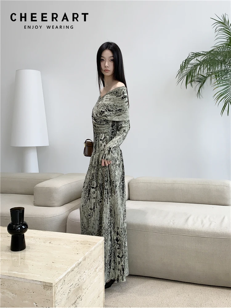 CHEERART Ink Painting Off The Shoulder Maxi Dress For Women Texture Long Sleeve A Line Long Dress Autumn High Fashion Clothes