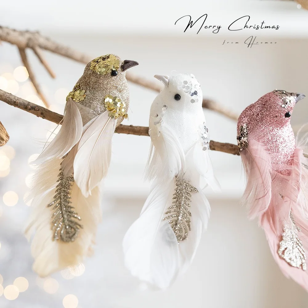 

1pair Christmas Tree Decoration Glitter Christmas Birds DIY Decor Realistic Simulated Bird Foam Artificial Bird Christmas
